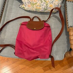 Longchamp pink nylon backpack with brown leather